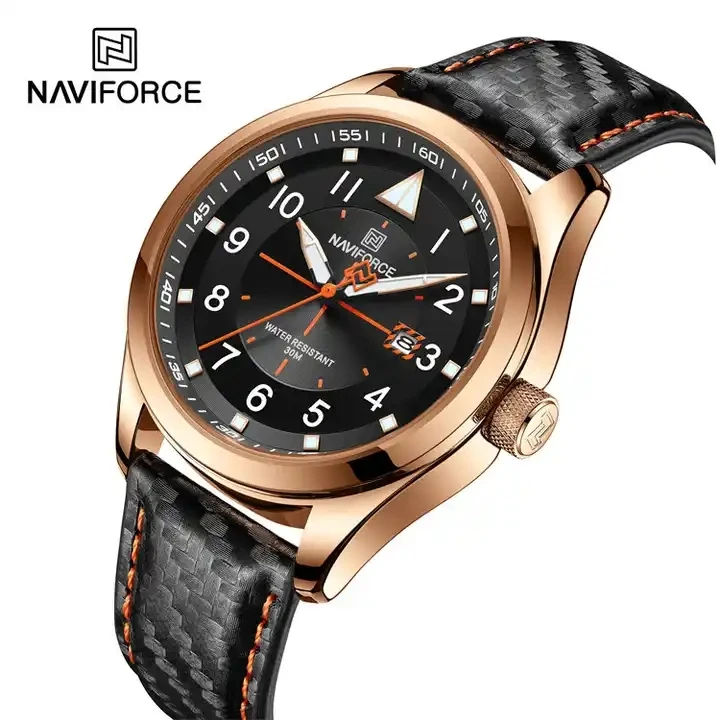 NAVIFORCE NF8022 Fancy Brown Man Quartz Watch Luxe PU Leather Strap Water Resist Auto Date Concise Business Watch Supplier