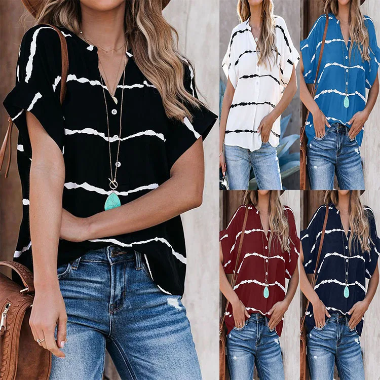 Wholesale Simple Stripe Loose Plus Size V-Neck short Sleeve Thin women's  blouse shirt v neck t shirts for women blouses From m.