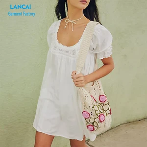 Women Pure White Super Loose Plus Size Casual Mini Skirt Custom Crew Collar Lace Decoration MIDI Dress