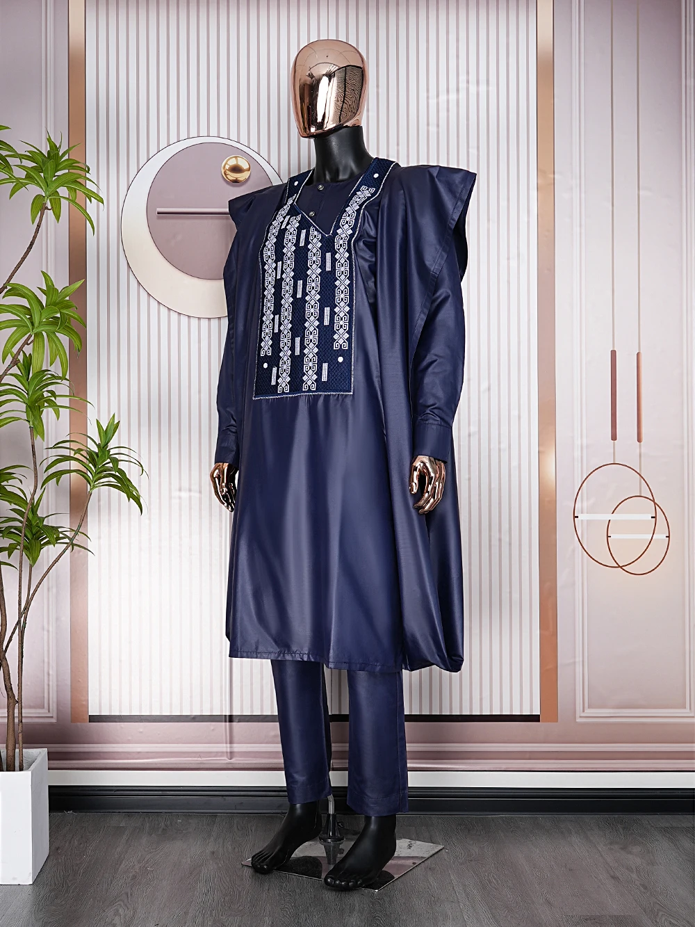 Men's African Grand Boubou Dashiki Set - 4Pcs Brocade Suit, White & Gold, One Size Big & Tall