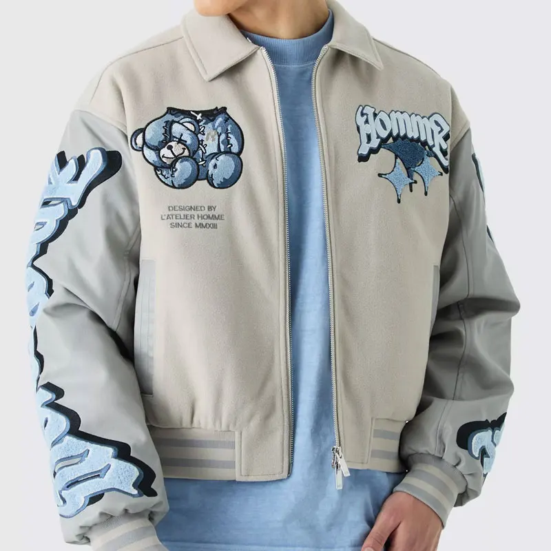 Jacket Manufacture Custom Patch Streetwear Baseball Jacket Windbreaker MEN  TEDDY APPLIQUE BOMBER JACKET