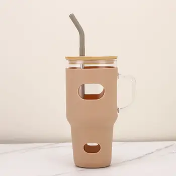 32 oz BPA Free Glass Tumbler with Bamboo Handle Reusable Iced Coffee Cup Boba Drinking Straw Silicone Sleeve Fits Car Cup Holder