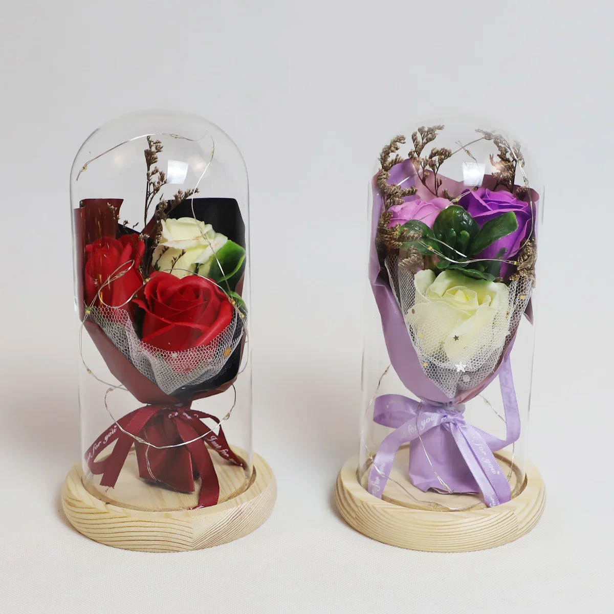 Reasonable Price Artificial Rose Flowers Bouquet Glass Dome Wholesale Suitable For Gift Box With Colorful Light