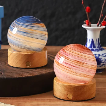Modern Walnut USB Type-C Charging Bedside Table Lamp Creative 3D Glass LED Night Sky with 3D Sphere Planet for Bedroom