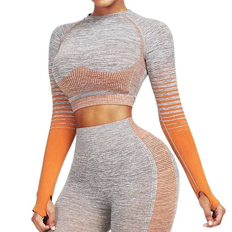 Workout Set 2 Piece Tracksuit Body Building Seamless High Waist Leggings and Long Sleeve Crop Top Yoga Activewear Set