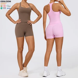XW-XTTZ420 Custom Racerback Solid Breathable Fitness Women Halter Neck Shorts High Waist Chest Pad 2 Piece Yoga Wear Set