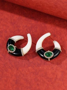 Elegant High-End Enamel Earrings, Original Design Circular Zircon Studs with Resin Brass for Women