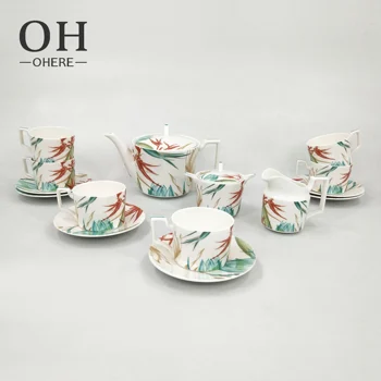 Ohere coffee utensils set 15 pieces total luxury coffee cup and saucer colorful lotus for wedding dinnerware sets tea cups