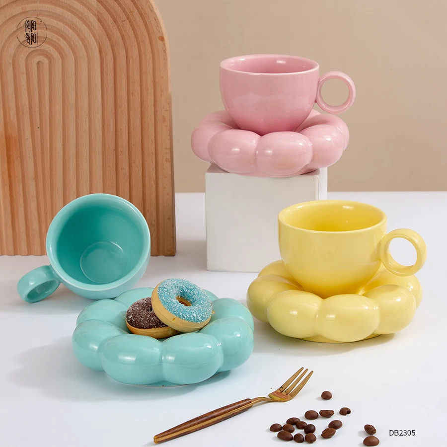 Nordic Ins Custom Macaron Breakfast Porcelain Coffee Mug Sunflower Coffee Ceramic Cup and Saucer