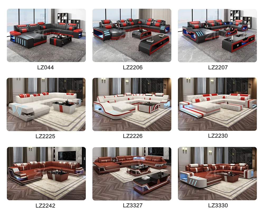 Modern Living Room Sofas - Lounge Furniture Sectional LED Leather Sofa Sets