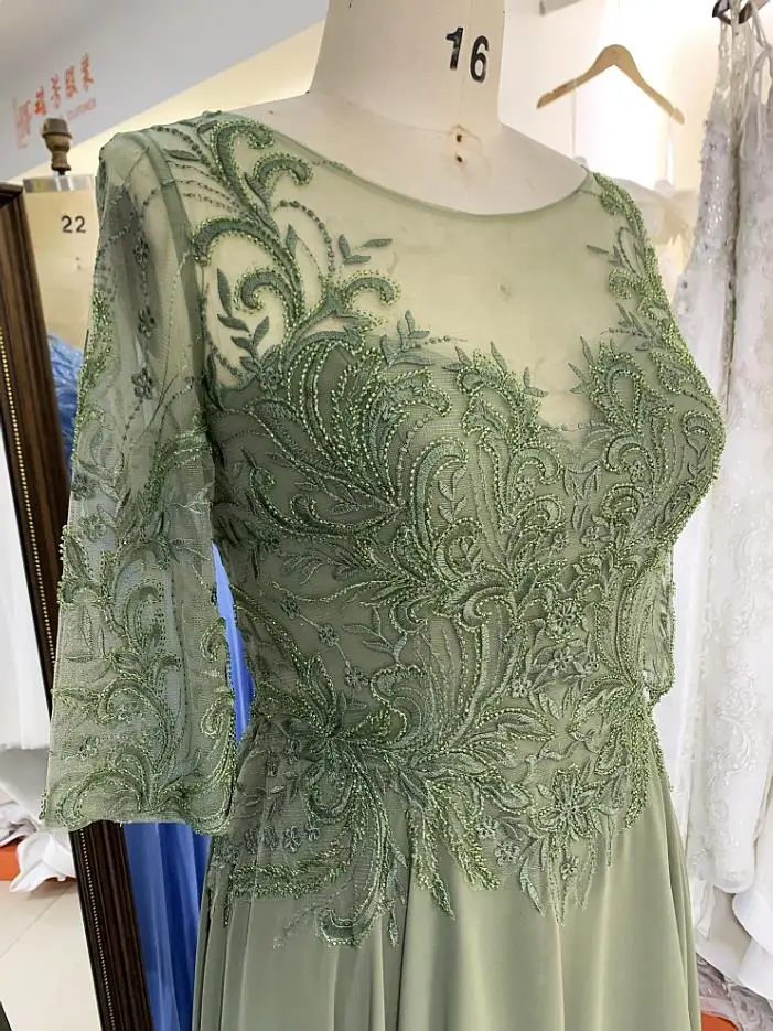 Olive Green Plus Size Embroidery Quarter Sleeve Round Neck Chiffon Women's Party Wear Sexy Mother of the Bride Evening Dresses Olive Green Plus Size Embroidery Quarter Sleeve Round Neck Chiffon Women's Party Wear Sexy Mother of the Bride Evening Dresses