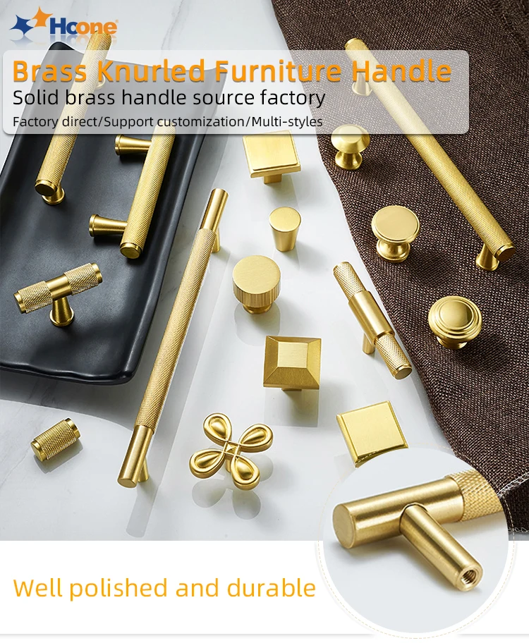 Hoone Guangdong Hardware Solid Brushed Brass Knurled Pull Kitchen