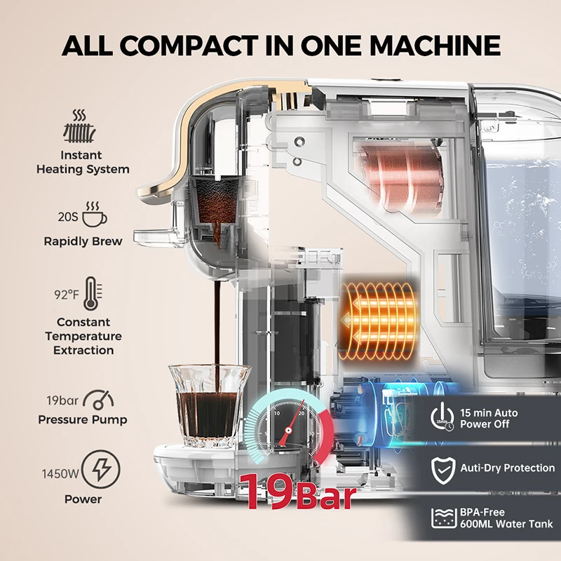 CAFELFFE MK-609S 4-in-1 capsulekoffiezetapparaat met 19 bar druk, warm
