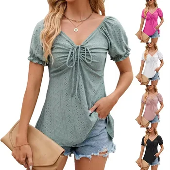 Boutique Wholesale 2024 Summer New Ice Silk Knitted Sleeveless V-neck Drawstring Short Slim Fit Women's T-shirt