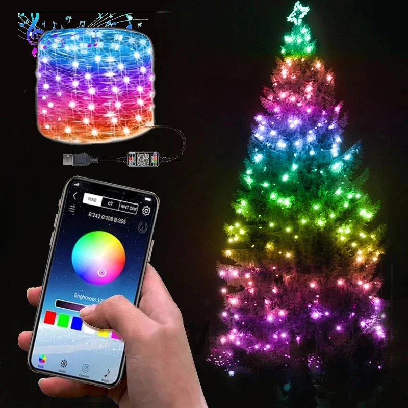 USB LED String Light Bluetooth App Control Fairy Light Christmas Tree Decoration 