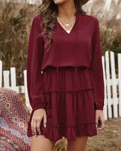 Women's Casual Summer Fall Dress V-neck Long Sleeve Natural High Waist Tiered Ruffle A-line Swing Tunic Chiffon Solid Plain Dyed