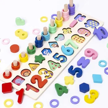 Three in one multi-function logarithmic board toddler shape cognition matching puzzle rainbow circle number puzzle board educati