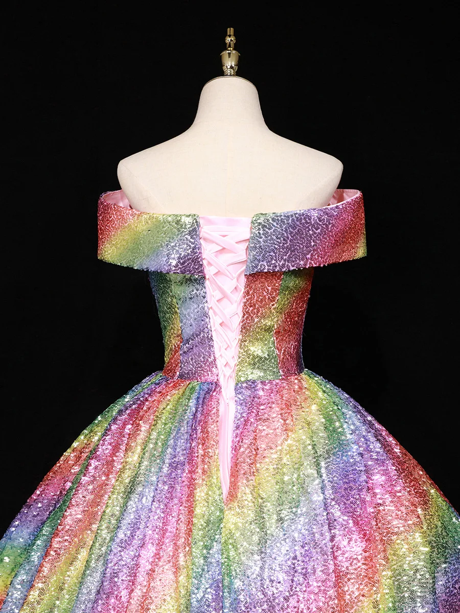 Off-shoulder Colorful Rainbow Ball Gown Prom Dress - Oem Off-shoulder Colorful Rainbow Ball Gown Prom Dress - Oem