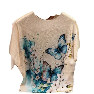 High-End Women's Casual T-Shirt Elegant Butterfly Heart Print Age-Reducing Loose Fit Versatile Short-Sleeved Top Large Summer