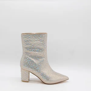 BUSY GIRL HQ1122 Women's Ankle Boots Pointed-toe Chunky Heel Low-cut Boots for Women with Full Rhinestones Sexy and Versatile