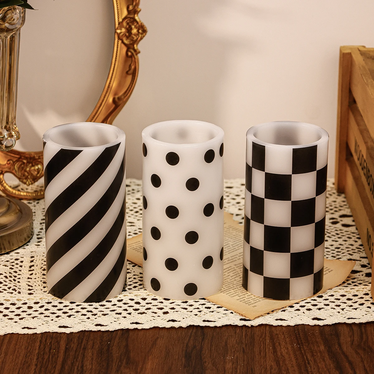 product paraffin flameless led candle with black white checkered stripe and polka dot pattern customizable pattern home decor-32