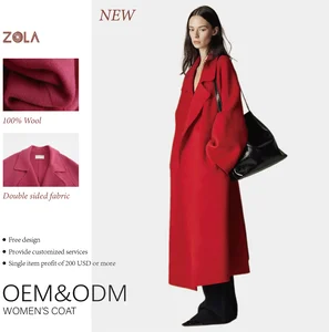 Customized Color Double Sided Handmade Pure Wool Casual Coat with Belt Closure Winter Long Clothing and Pockets Keep Warm