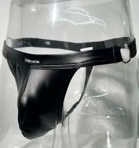 Custom logo Elastic Band Men Underwear Leather Polyester Sexy T Back Pouch Mens Hot Leather Men's Thong Underwear Shiny Leather