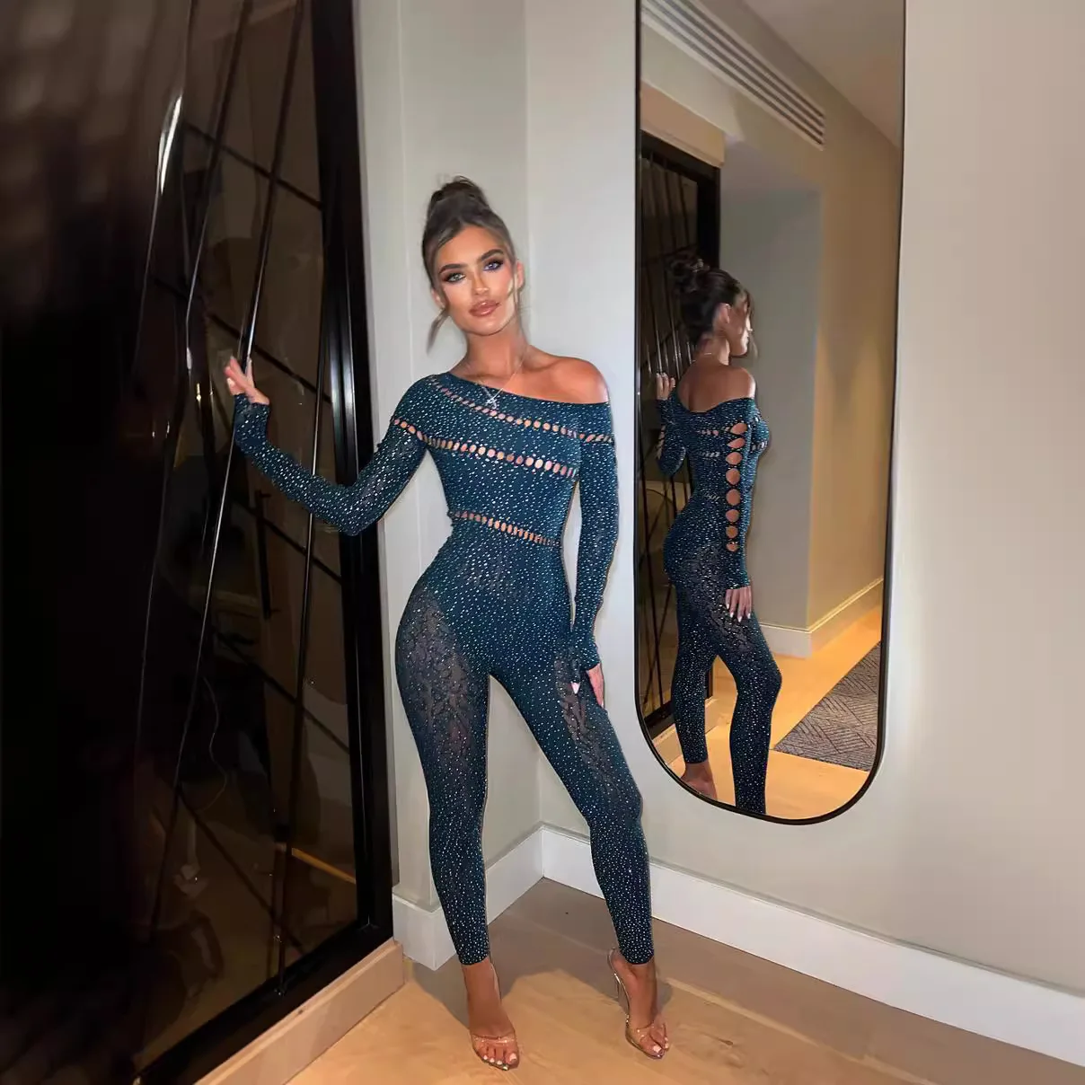 STOCK 2025Women Sparkly Diamond Sexy Mesh Jumpsuit Nightclub Bar Party Show Gogo Dancer Clothing Drag Queen Outfit Stage Costume