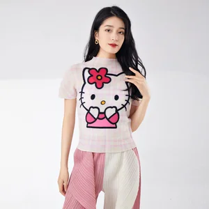 Women's Pleated Fashion Lucky Cute Cats Top With High Collar Loose Short Sleeve Printed Decoration Stretch Fabric for Summer