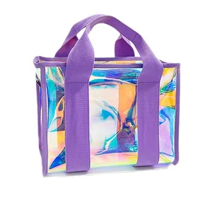 Custom Logo Reusable Pink Holographic Metallic Shiny Laminated Non Iridescent Gift Pvc Tote Shopping Bag With Logo