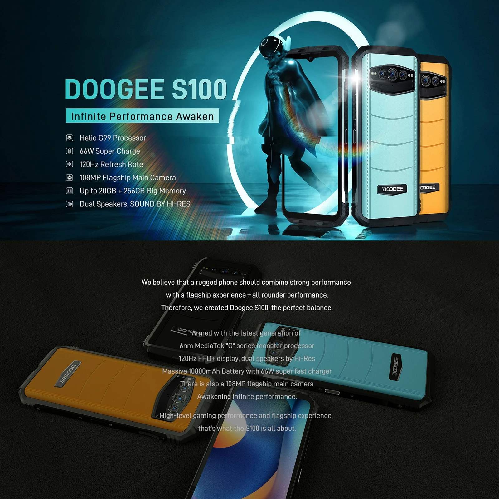 Doogee S100 Dual Sim, 66 W, Rapid Charge, 10800 Mah, 20 Gb D