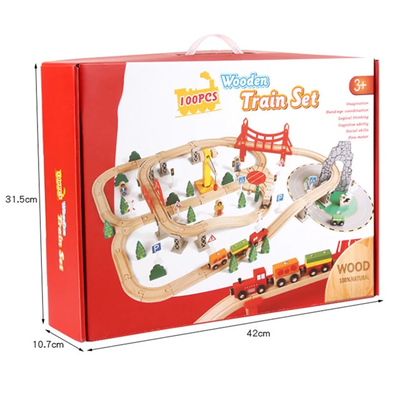 COMMIKI Children's Wooden Toy Building Blocks 100 Pieces Country Track Thomas Little Train Children's Educational Toy Set