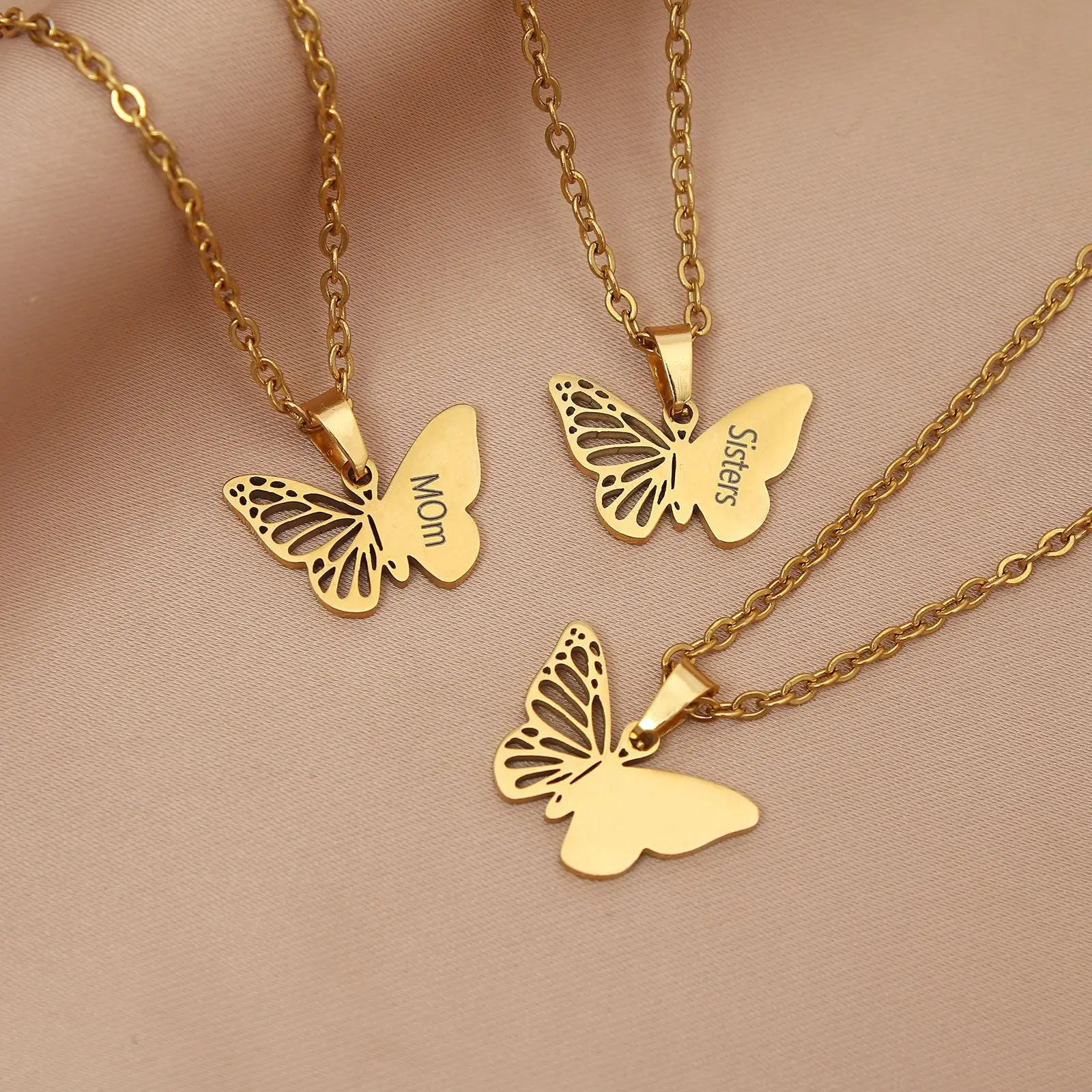 Custom Text Hollow Butterfly Necklace - Gold & Silver