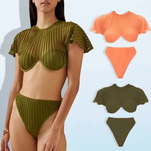 Huilin Designer High Waist Thong Sexy Sheer Mesh Two-Piece Swimwear Custom Beachwear Tankinis for Women with Front Logo Position