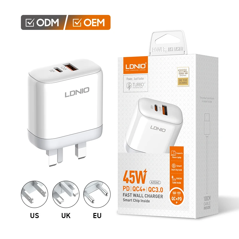 LDNIO A2526C US UK EU Plug PD 45W Charger Type C Mobile Phone Fast Charging Wall Charger