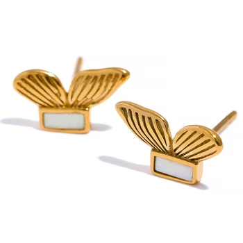 JINYOU 1371 Fashion Waterproof White Shell 316 Casting Stainless Steel Small Chic Butterfly Wing Stud Earrings for Women