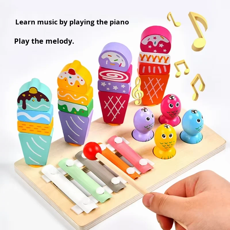 Višenamjenski 3 u 1 set za djecu, igra ribolova, sladoled, Montessori glazbeni drveni ksilofon, zabavni edukativni igrački