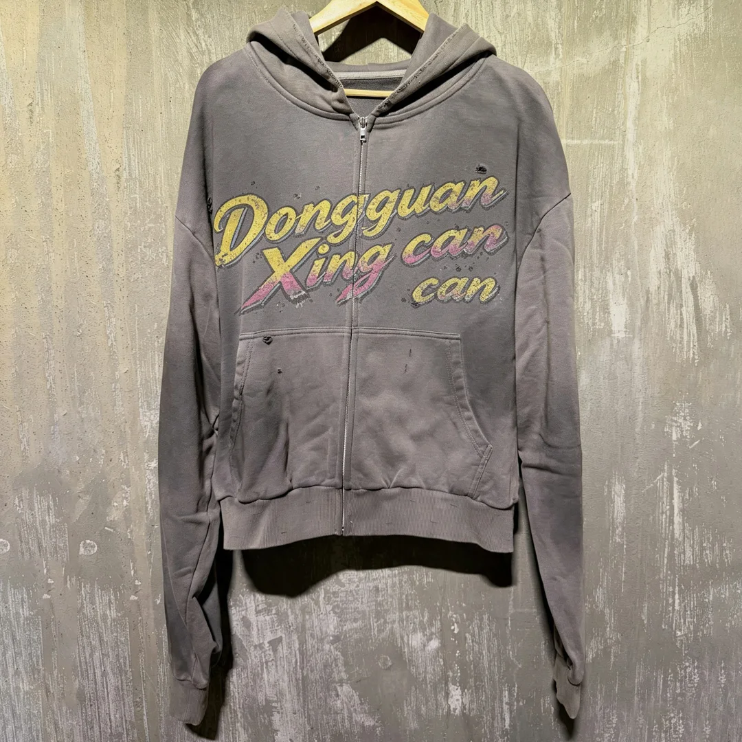 Hurtowa męska vintage’owa bluza z kapturem na zamek z zniszczonym gradientowym napisem, wyprańna, zniszczona bluza z kapturem na zamek w stylu ulicznym, producent dostosowanej odzieży
