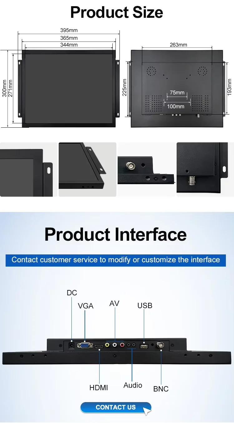 Factory OEM ODM New Open Frame VESA Wall Mounted Metal Monitor 7 ~ 23.6 Inch Resistive Touch Screen USB HD VGA Industrial
