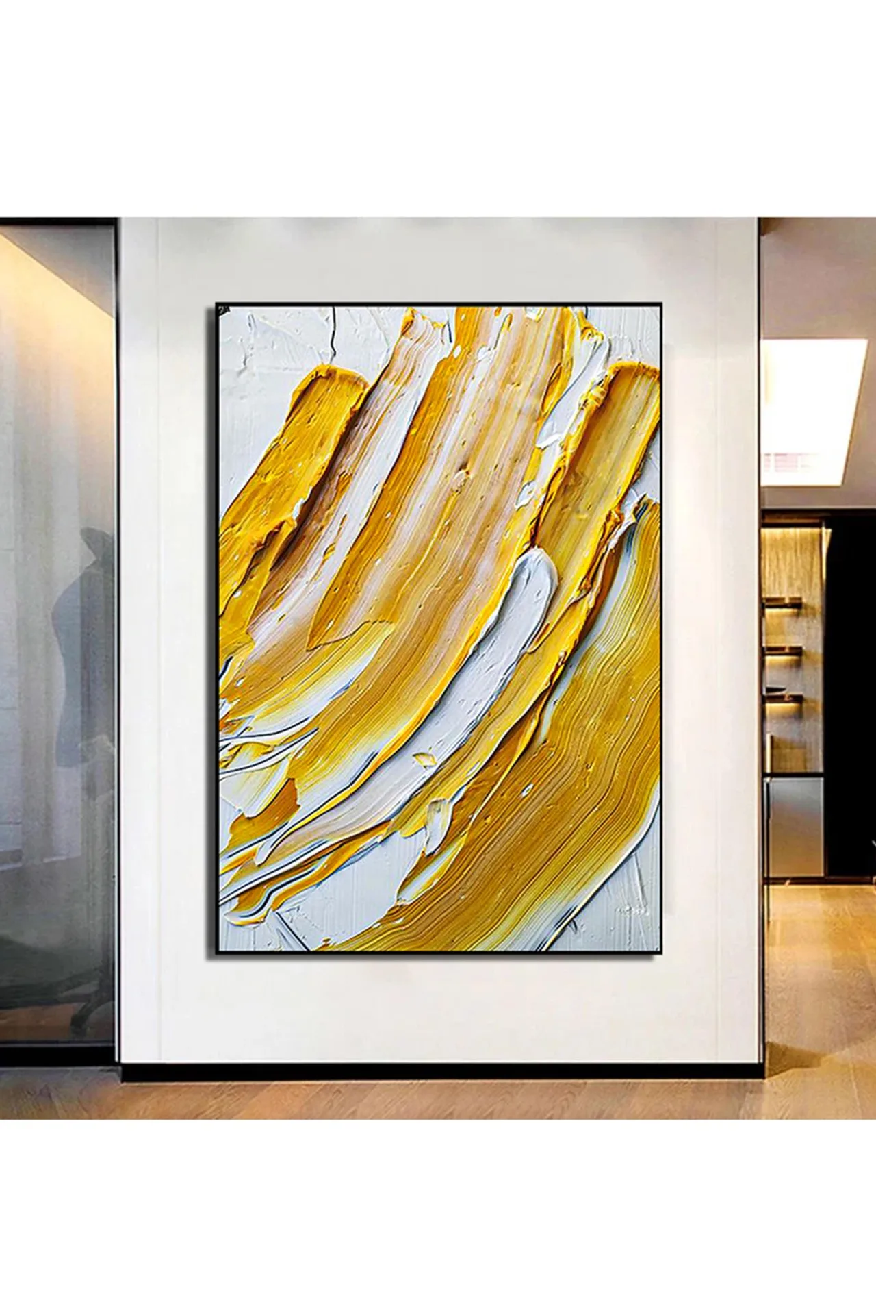 Modern Thickness Texture Palette Knife Yellow Abstract Hand Paintings Wall Art