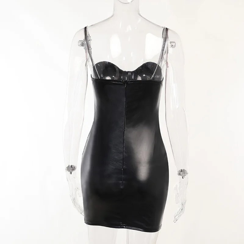 Pu Leather Diamond Chain Sling Hip Wrap Dress Evening Women Black - Buy ...