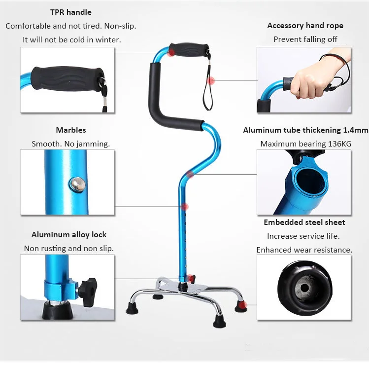 Easyoperate Adjustable Aluminium Cane With Four Legs Holder And Handle