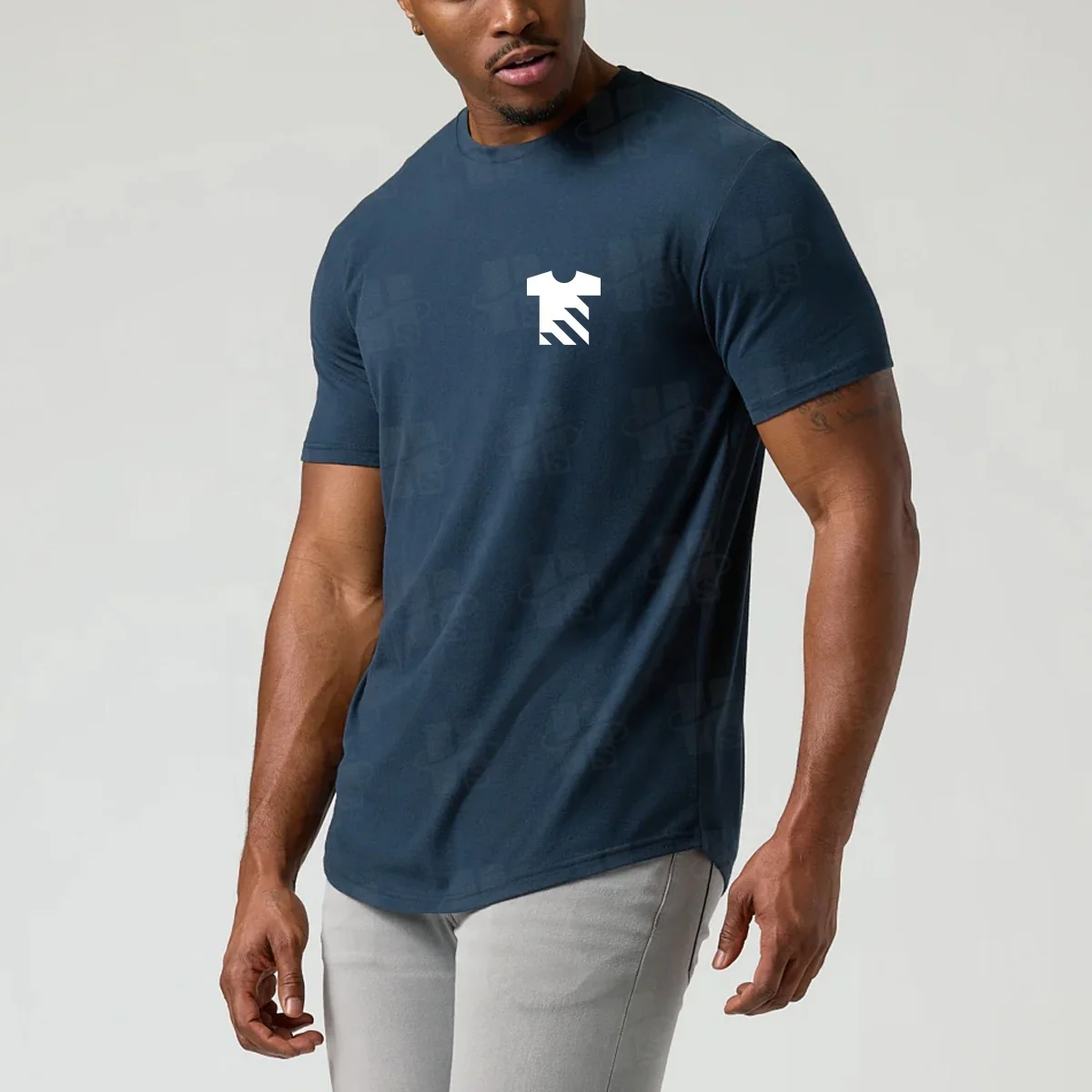 Oem Wholesale 95% Cotton 5% Elastane Tee Longer Curved Hem Round Neck Muscle Fitness Navy Blue Curved Hem T-shirts for Men