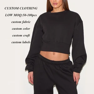 Clothing Factory Oem Wholesale 100% Cotton Sweatshirts Hoodies Women Custom logo Design Crew Neck Cropped Black Sweatshirts