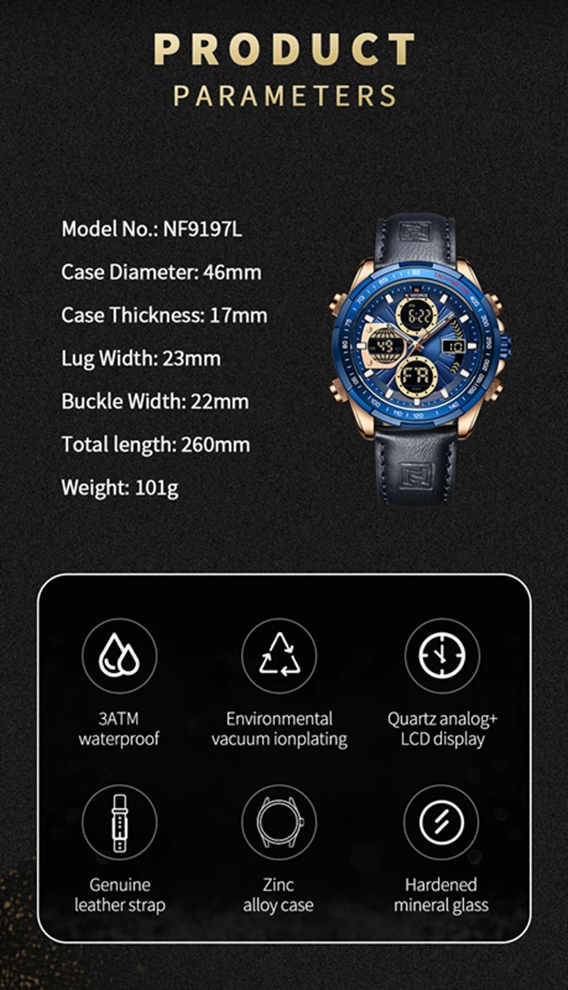 NAVIFORCE 9197L Quartz Watches Mens Luxury Sport Chronograph Waterproof Quartz Big Clock Digital Wristwatches Men Watch