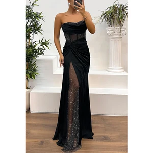 Bandeau Off Shoulder Sleeveless Pleated Knot Mesh Patchwork Shiny Sequin Ball Gown Satin Floor Length Banquet Lady Evening Dress
