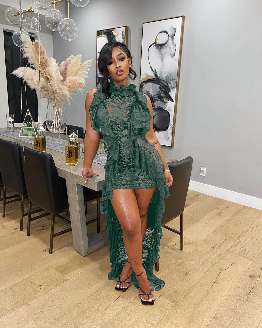 Fashion Lace Ruffle Sexy Maxi Dress Women Elegant Summer Sleeveless Evening  Dress Vestidos Beach Holiday Party Club Casual Dress