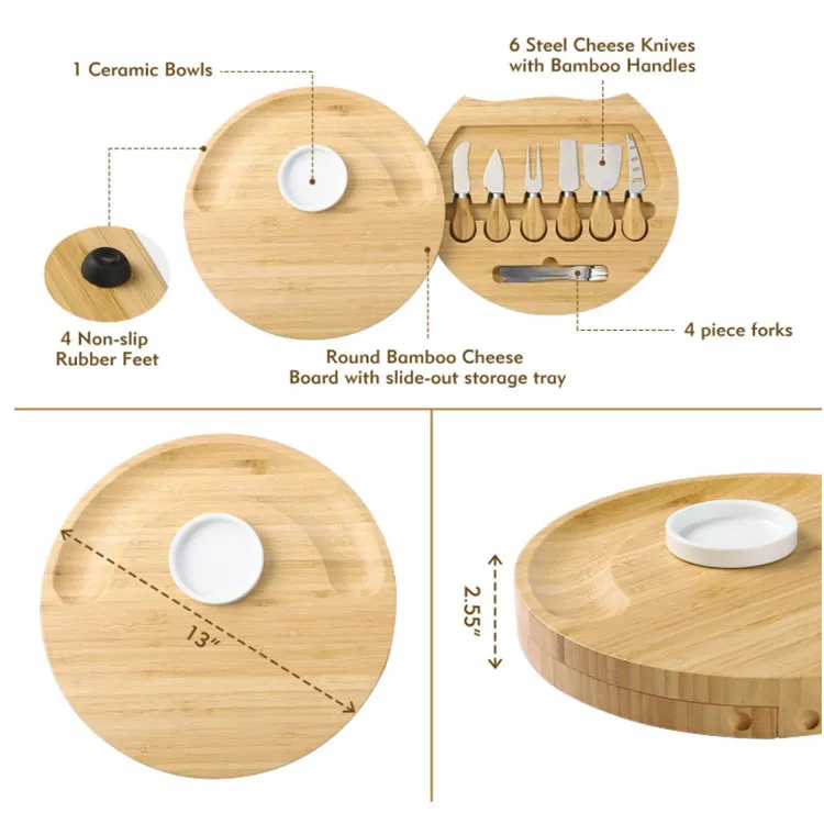 Wholesale Set Round Bamboo Wooden Charcuterie Cheese Board with Cheese ...