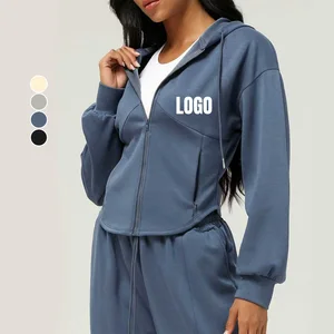 Custom Logo Women's Loose Zipper Hoodie Long Sleeve Casual Sweatshirt Solid Color Comfortable Sports Gym Hoodies with Pocket
