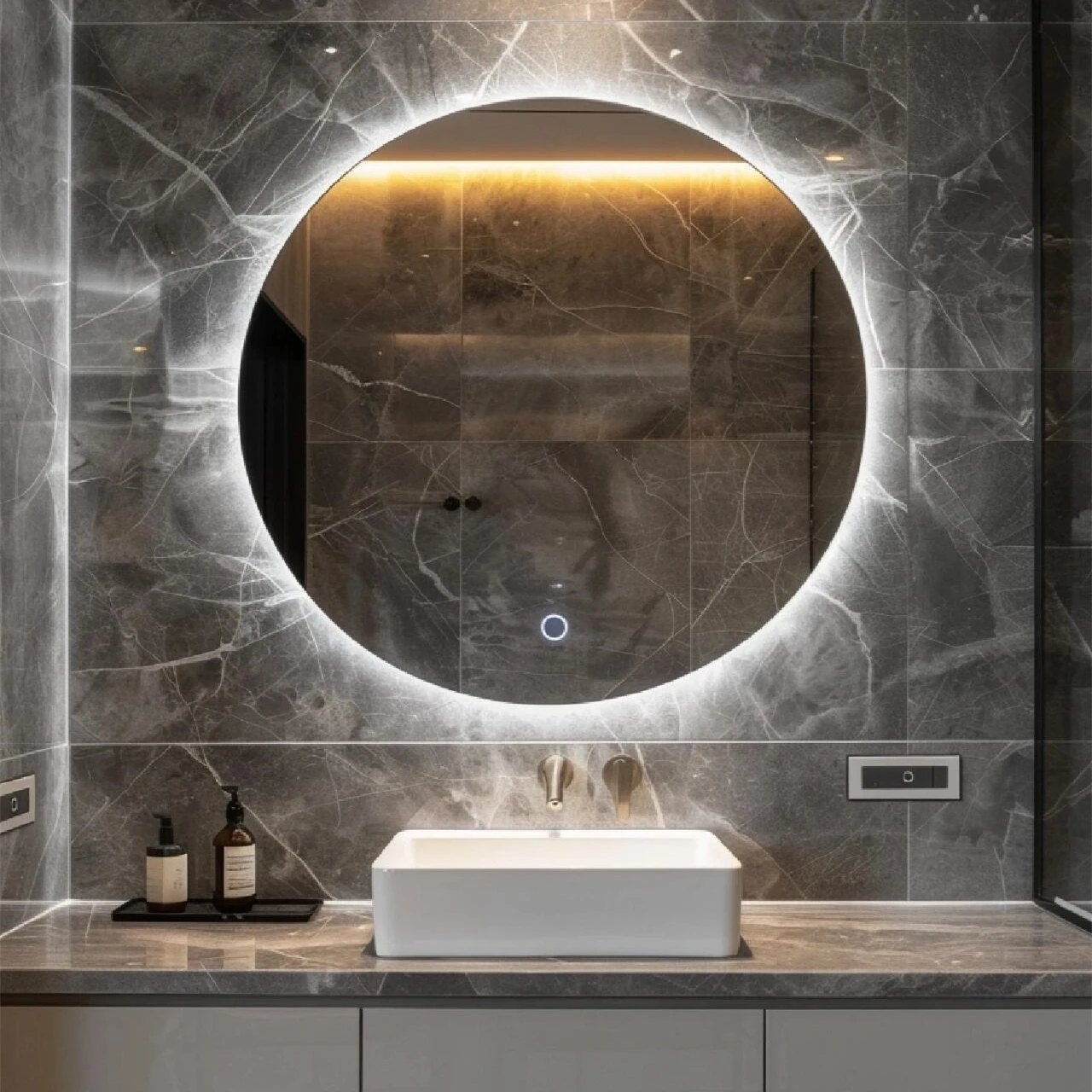 Custom Simple Design Hotel Golden Circular Round Bathroom Wall Mounted Smart Mirror